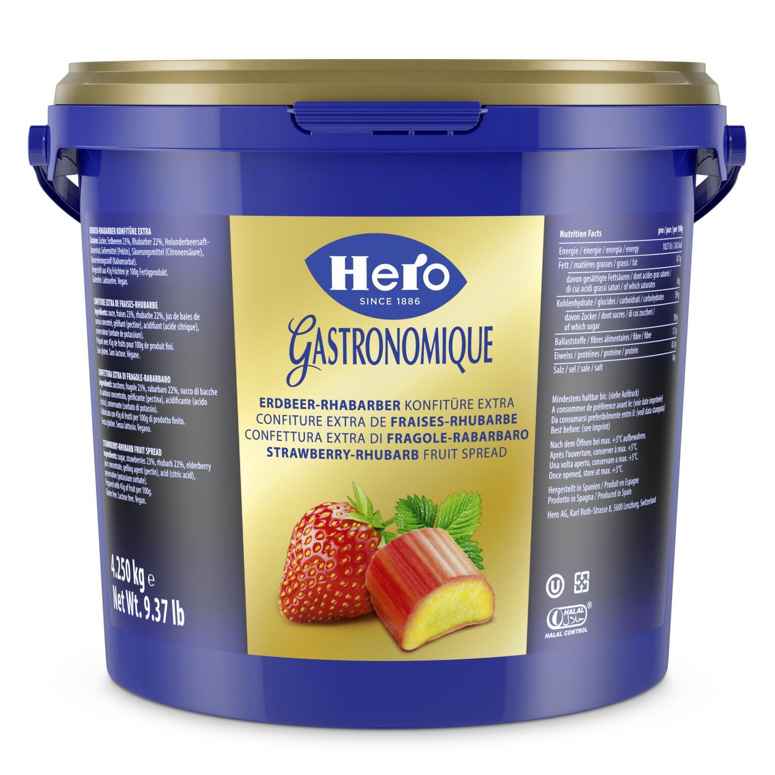 HE strawberry-rhubarb fruit s.PAI 4 Konfitüre Extra mit einem Fruchtanteil von 45%, mit Kristallzucker gesüsst.