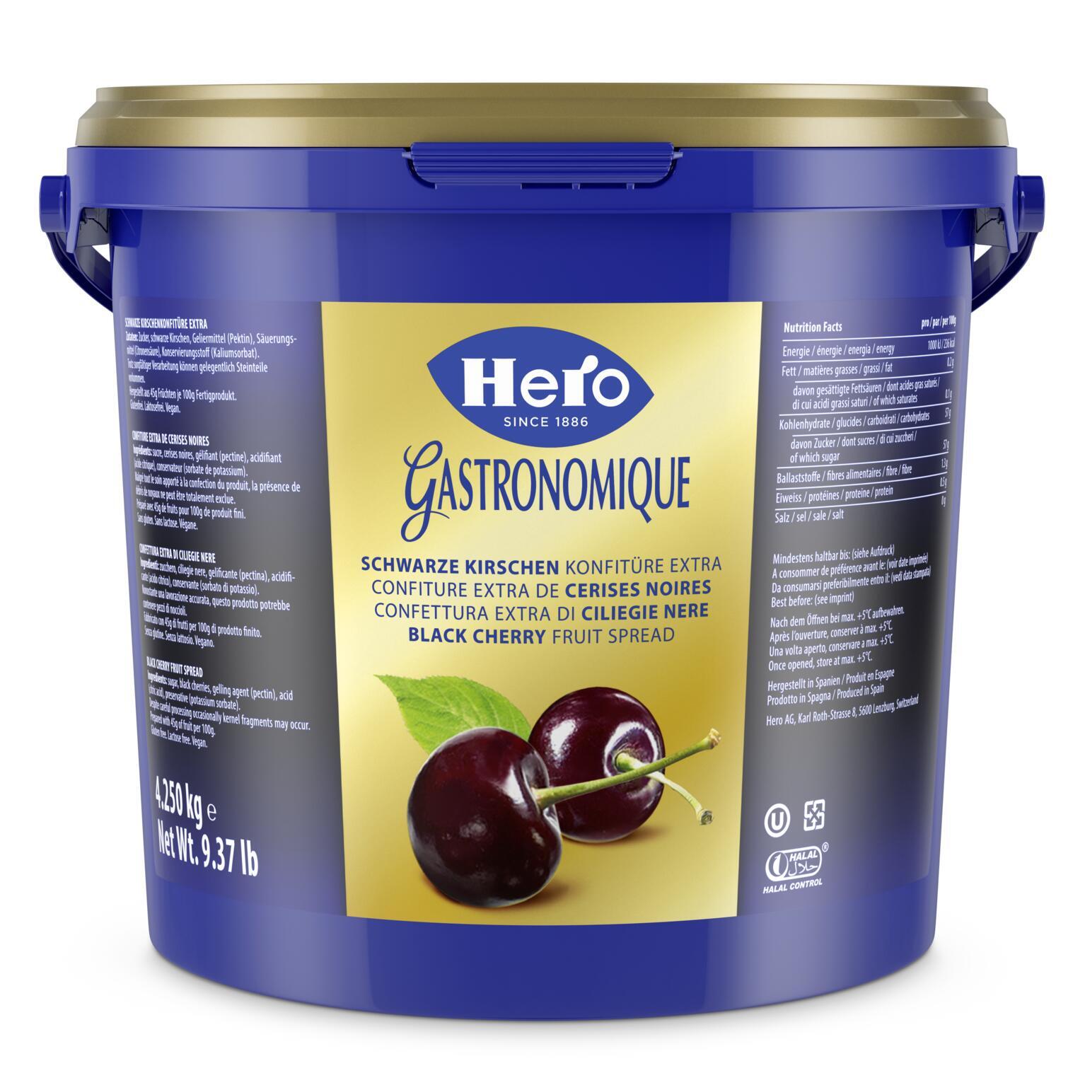 HE black cherry fruit spread  PAI 4 Konfitüre Extra mit einem Fruchtanteil von 45%, mit Kristallzucker gesüsst.