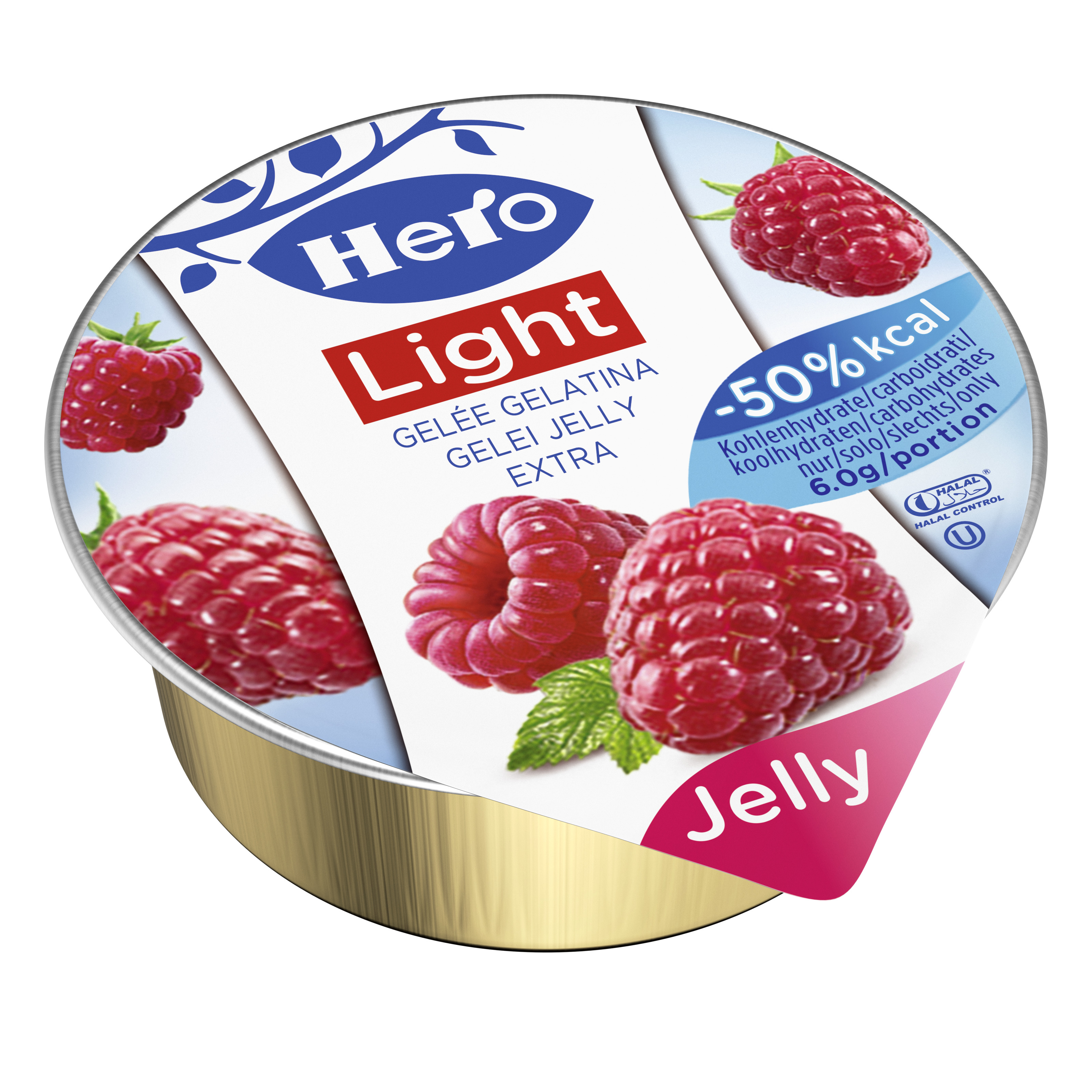 HE Light raspberry jelly 120x POR Goût intense grâce à la teneur en fruits de 60%, mais 50% moins de calories. Édulcorée à l'acésulfame K et au fructose, idéale pour les diabétiques et les gourm ets soucieux de leur ligne.