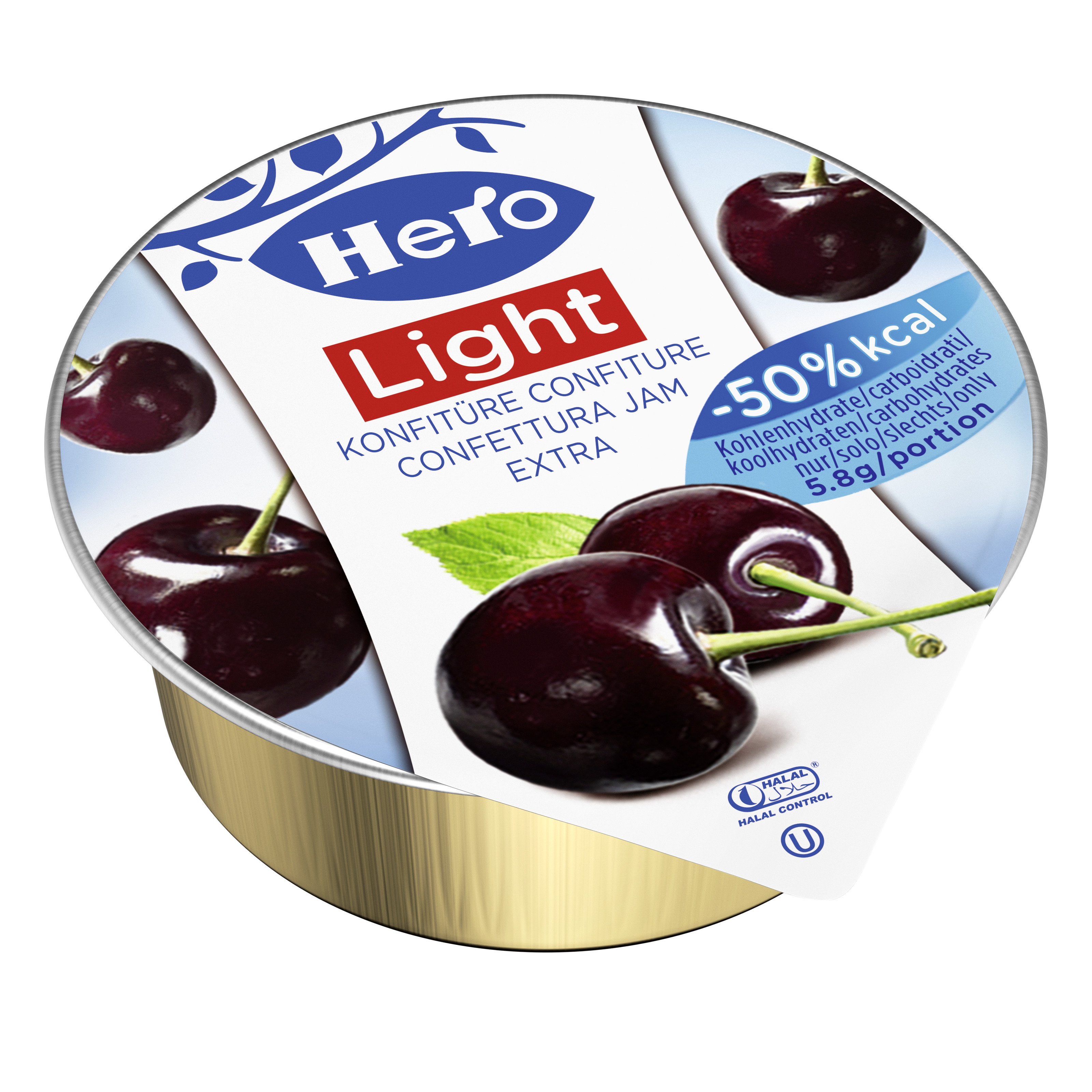 HE Light bl. cherry jam  120x POR Goût intense grâce à la teneur en fruits de 60%, mais 50% moins de calories. Édulcorée à l'acésulfame K et au fructose, idéale pour les diabétiques et les gourm ets soucieux de leur ligne.