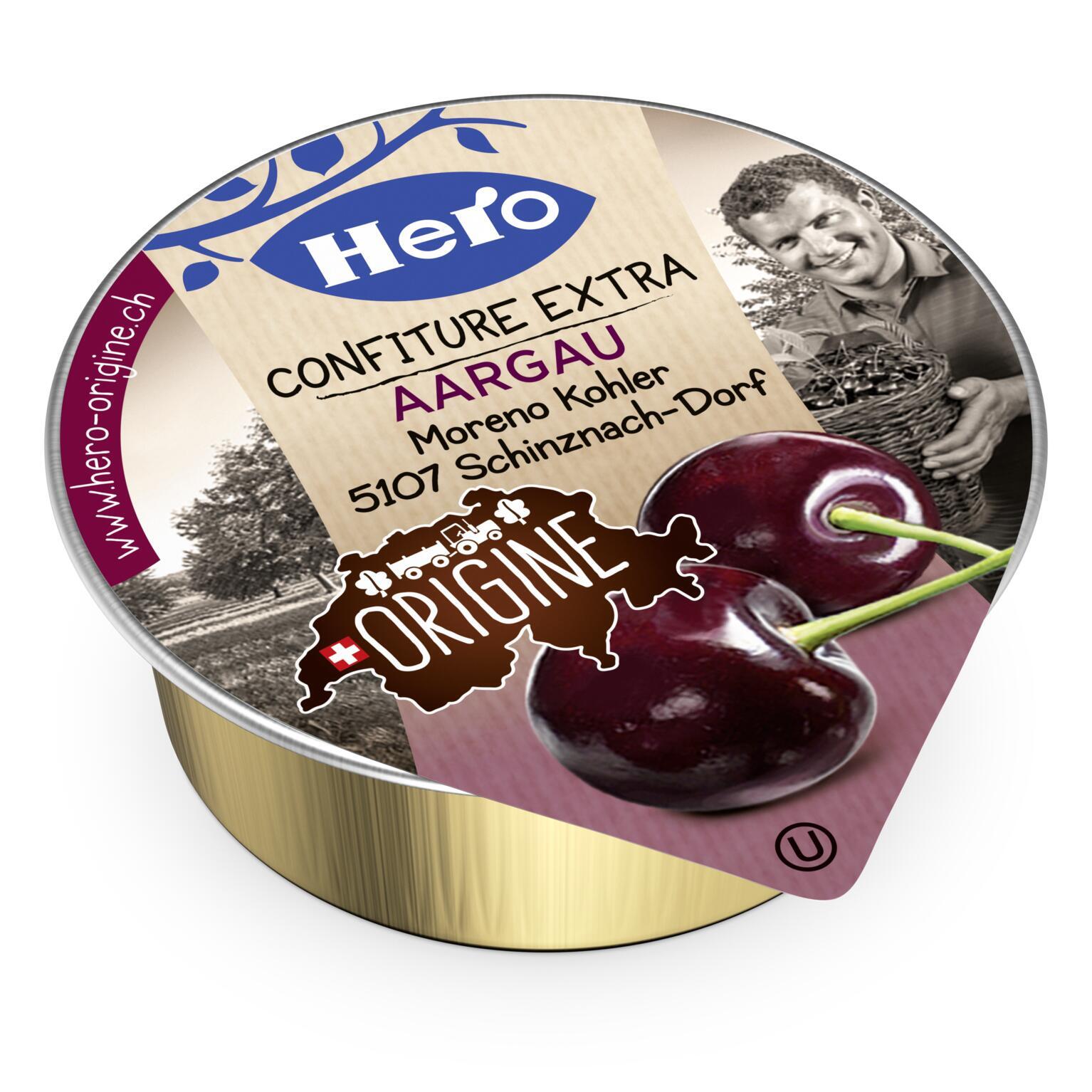 HE OR black cherry jam   120x POR Confiture de cerises noires Origine avec des cerises de Moreno Kohler, de Schinznach-Bad (AG). Avec une teneur en fruits de 55% et du sucre suisse.