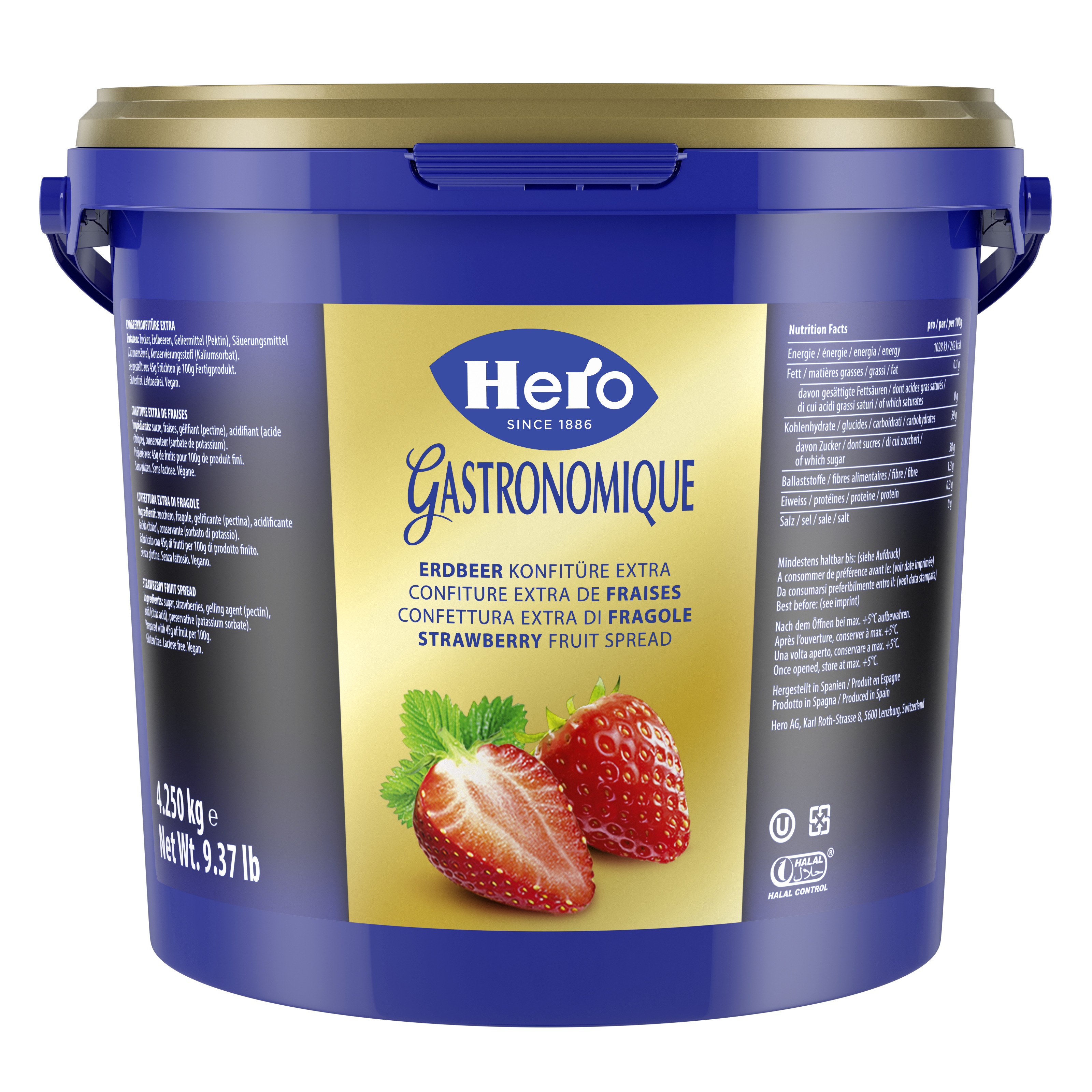 HE strawberry fruit spread    PAI 4 Konfitüre Extra mit einem Fruchtanteil von 45%, mit Kristallzucker gesüsst.